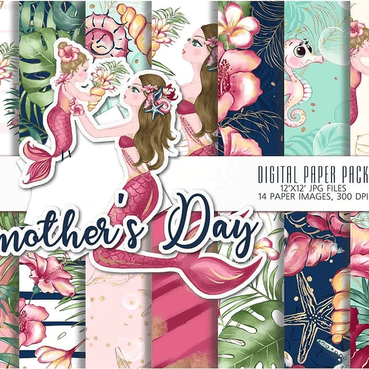 Kit Digital Papéis Mãe e Filha Sereia  1