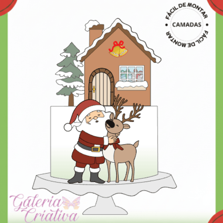 Arquivo Natal Topo de Bolo Papai Noel e Rena  1