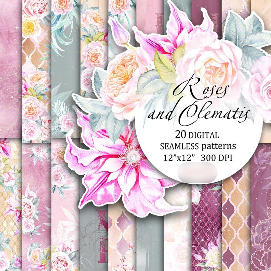 Kit Digital Papéis Rosas e Clematis 1