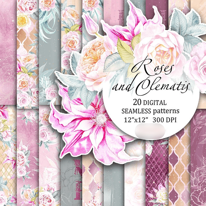 Kit Digital Papéis Rosas e Clematis 1
