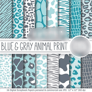 Kit Digital Papéis Estampas de Animais Azul e Cinza 