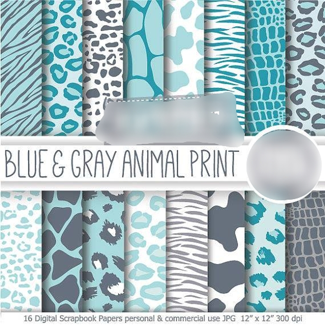 Kit Digital Papéis Estampas de Animais Azul e Cinza  1