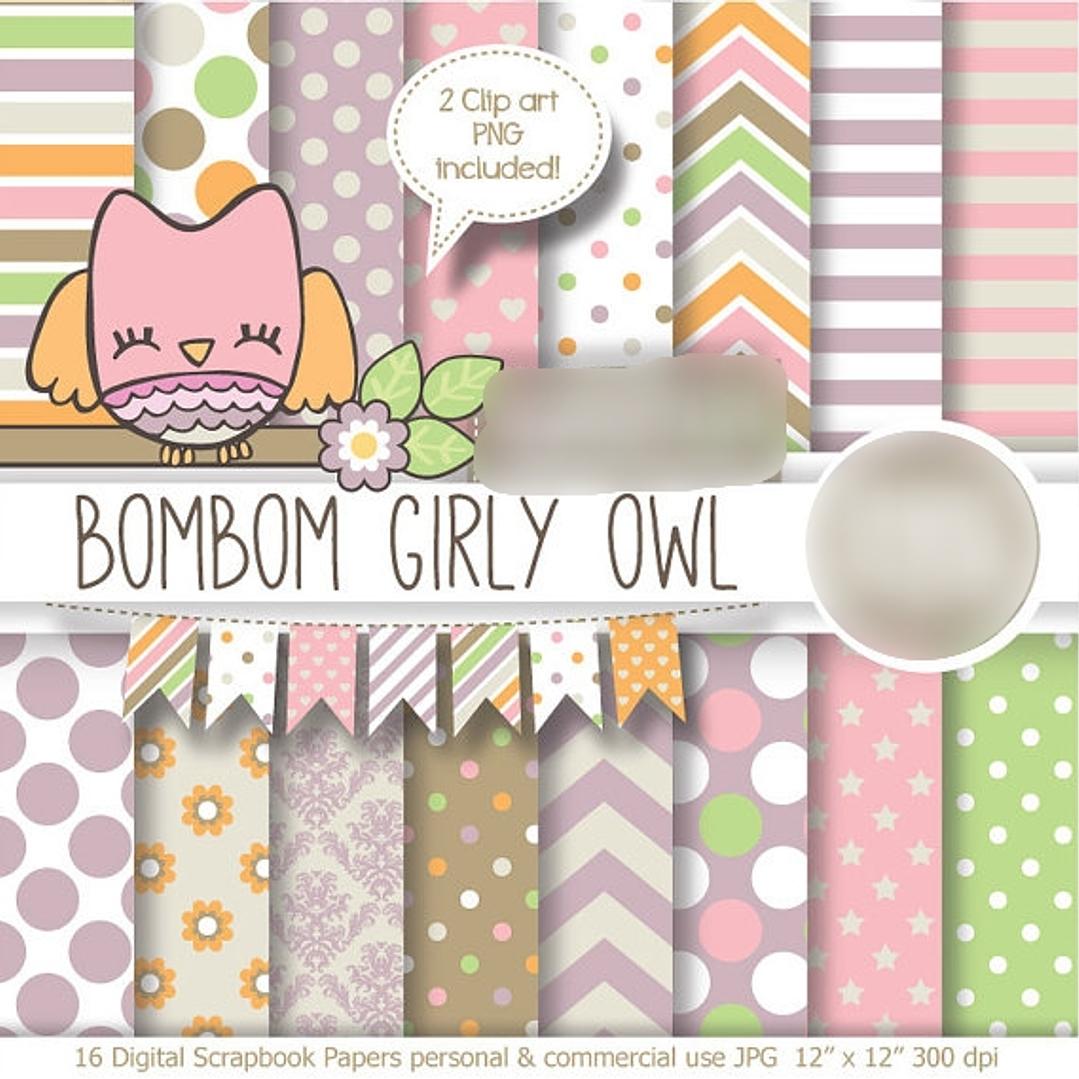 Kit Digital Papéis Coruja Femina Bombom 1
