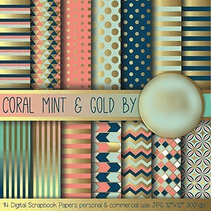 Kit Digital Papéis Coral, menta e ouro