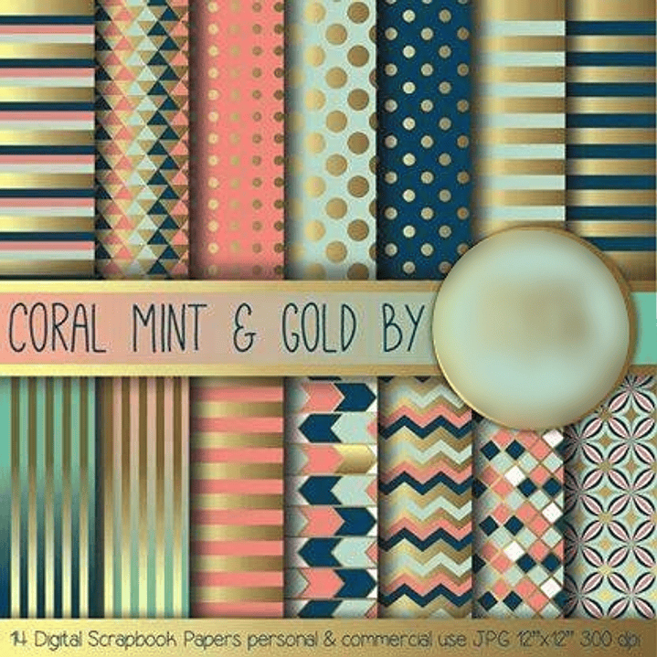 Kit Digital Papéis Coral, menta e ouro 1