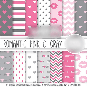 Kit Digital Papéis Corações Cinza e Rosa