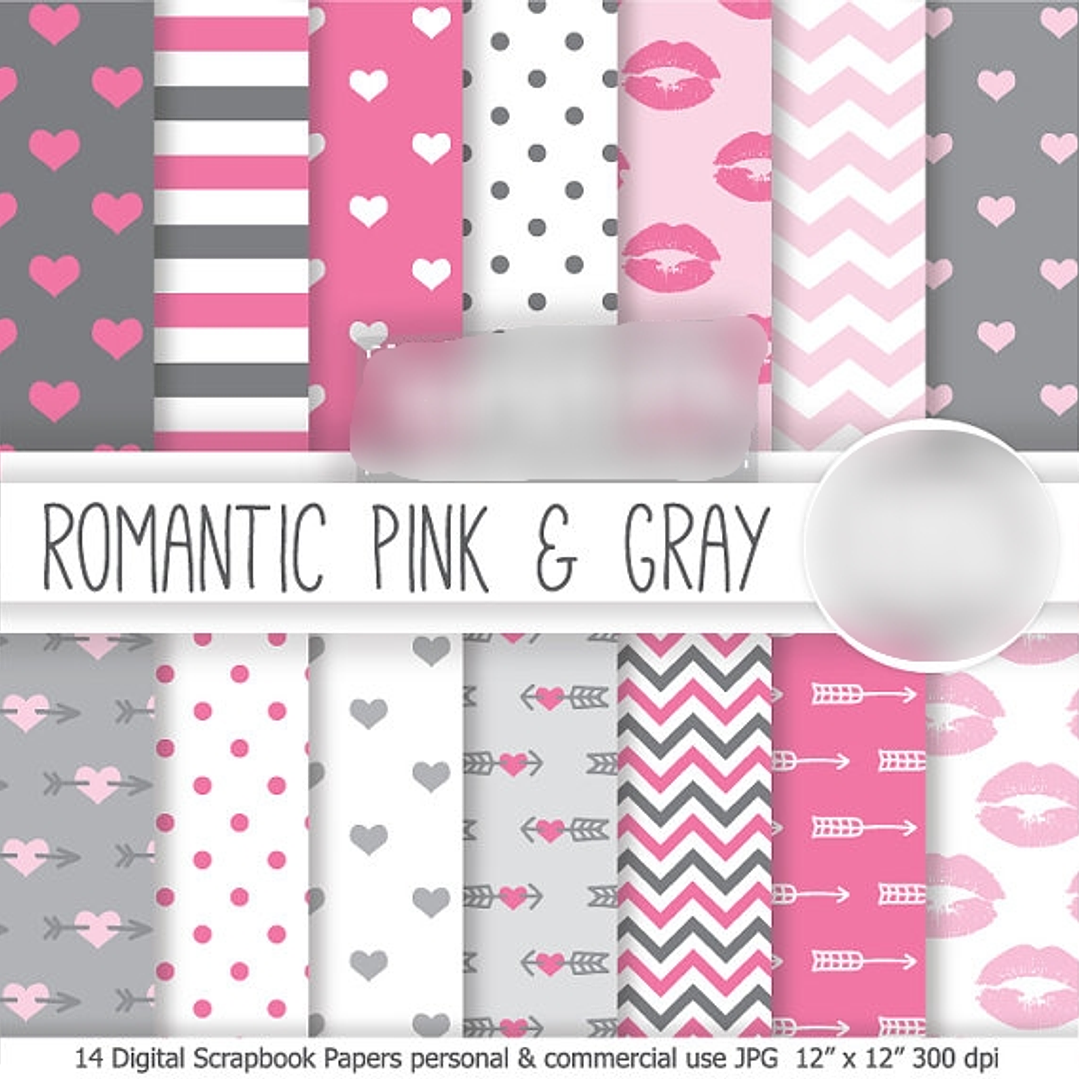 Kit Digital Papéis Corações Cinza e Rosa 1