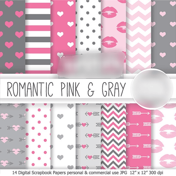 Kit Digital Papéis Corações Cinza e Rosa 1