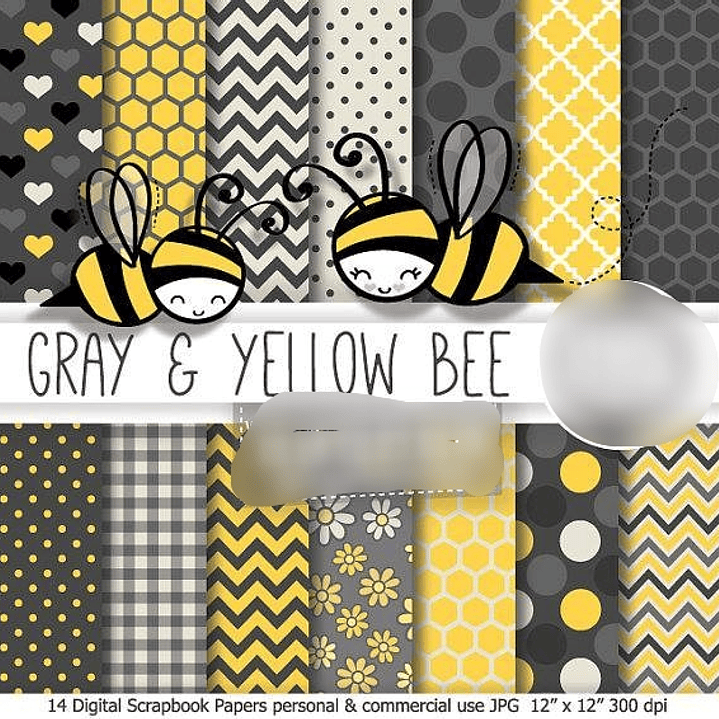 Kit Digital Papéis Abelha Cinza e Amarelo 1