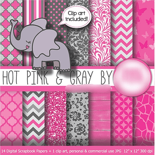 Kit Digital Papéis Rosa Quente Cinza