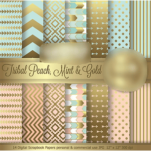 Kit Digital Papéis Pêssego Menta e Ouro