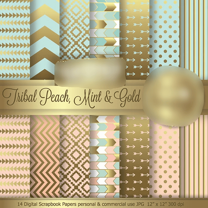 Kit Digital Papéis Pêssego Menta e Ouro 1