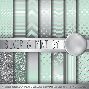 Kit Digital Papéis Menta Prateada 