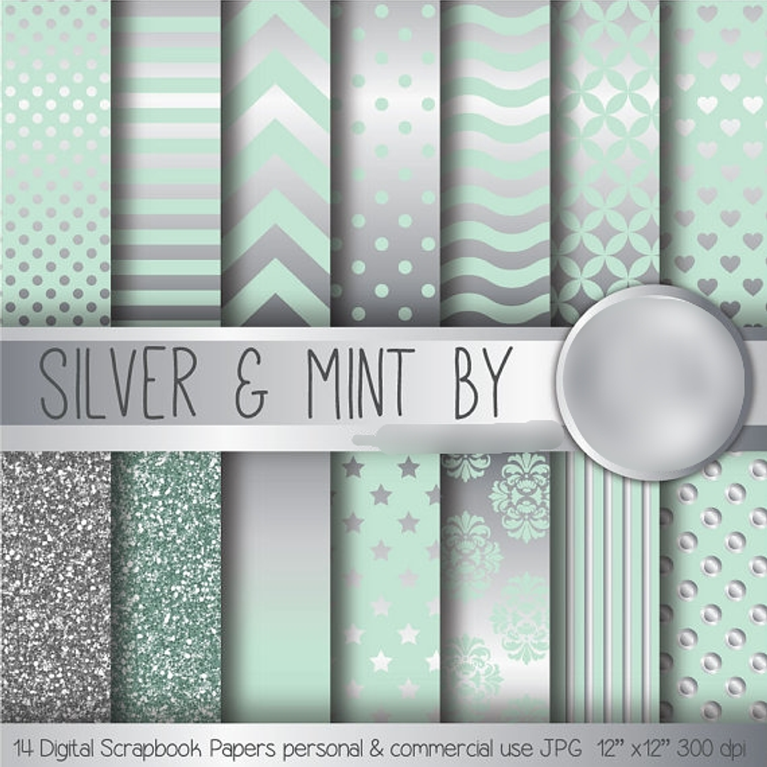 Kit Digital Papéis Menta Prateada  1