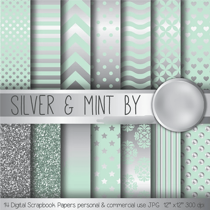 Kit Digital Papéis Menta Prateada  1