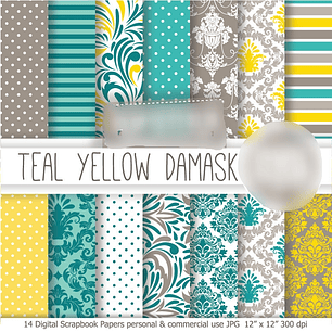 Kit Digital Papéis Verde Azulado com Amarelo