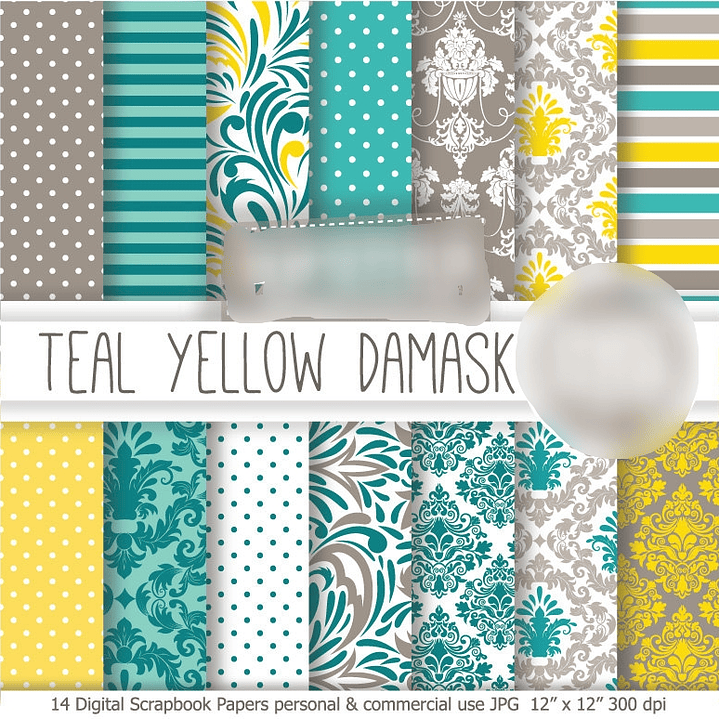 Kit Digital Papéis Verde Azulado com Amarelo 1