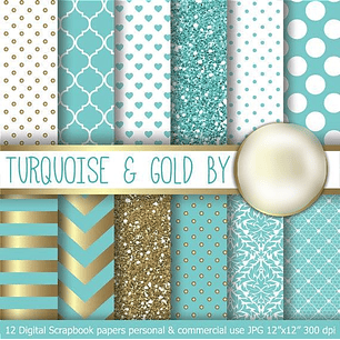 Kit Digital Papéis Turquesa e Ouro 