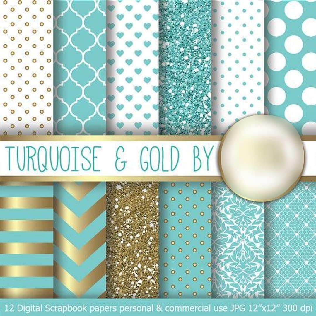 Kit Digital Papéis Turquesa e Ouro  1