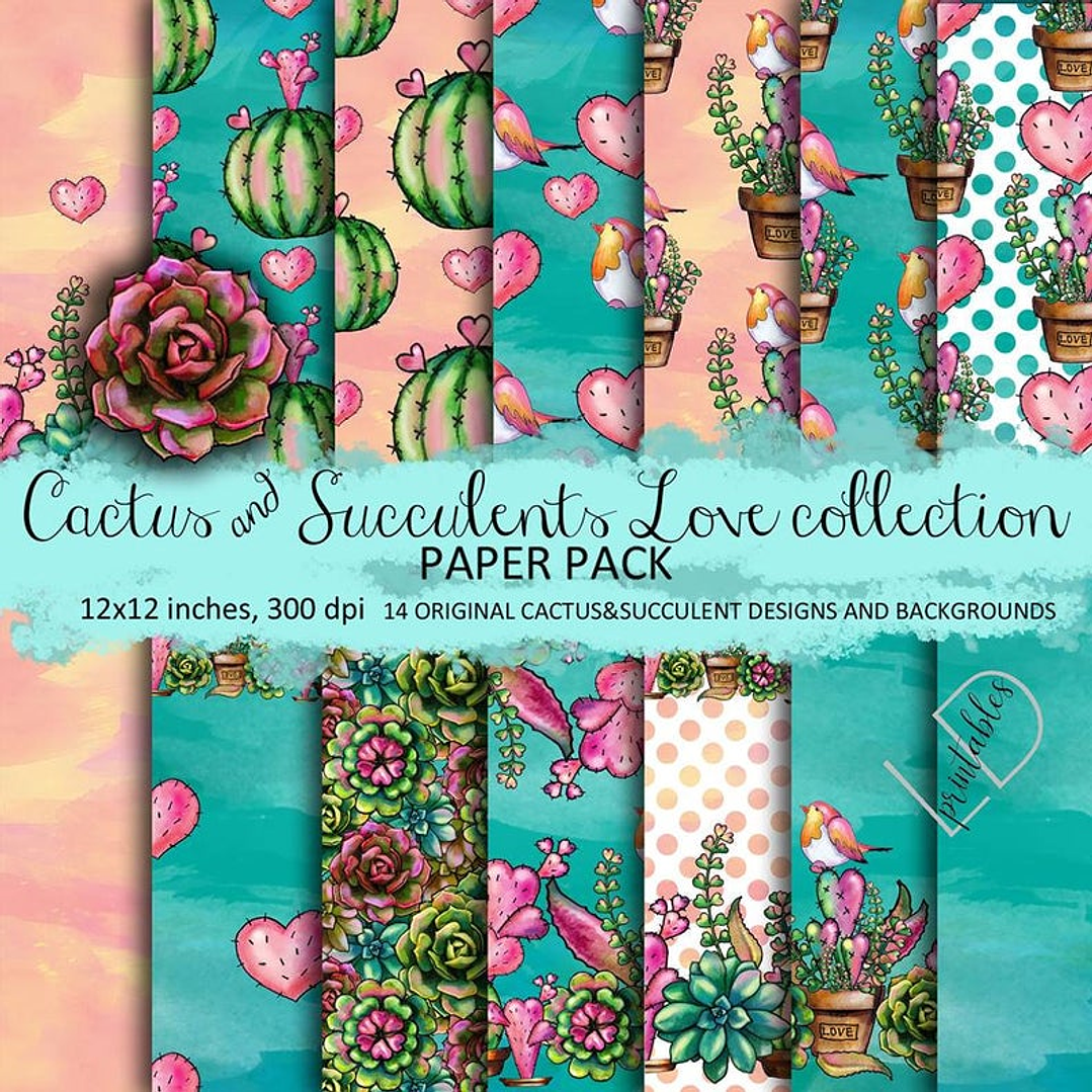 Kit Digital Papéis Amor por Cactos e Suculentas 1