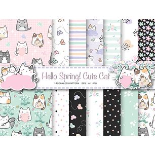 Kit Digital Papéis Gatinhos Flores 