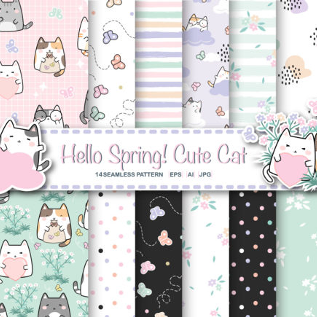 Kit Digital Papéis Gatinhos Flores  1