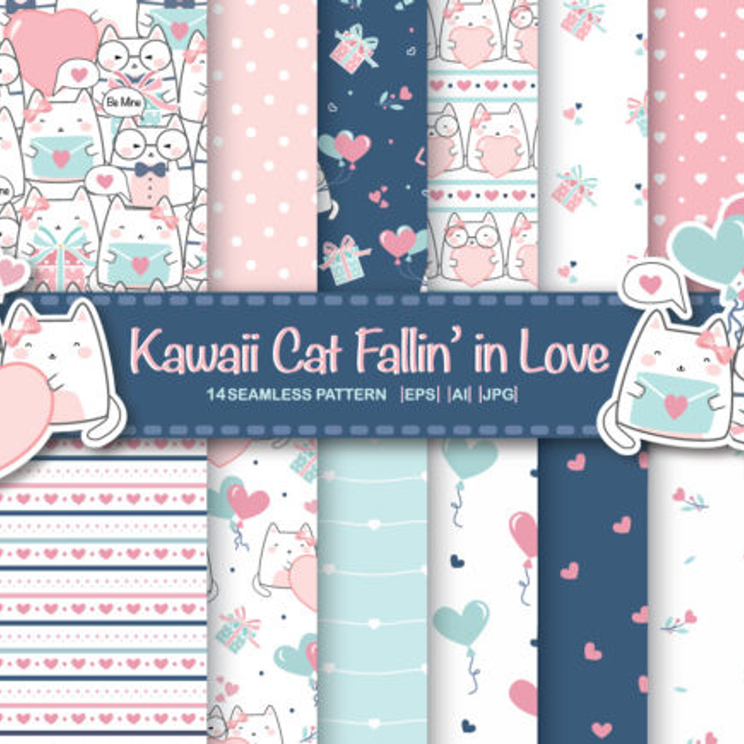 Kit Digital Papéis Gatos Coração 1