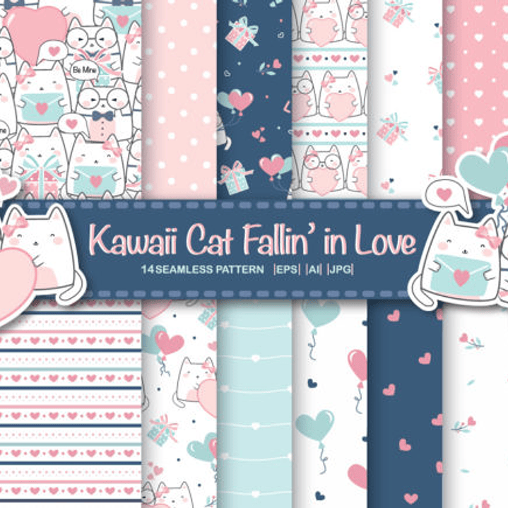 Kit Digital Papéis Gatos Coração 1