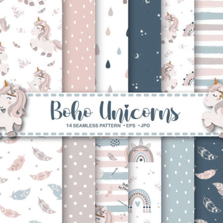 Kit Digital Papéis Unicórnio Boho  1