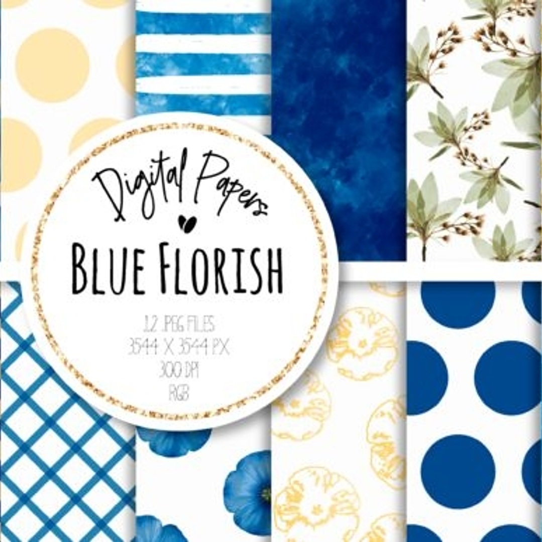 Kit Digital Papéis Flor Azul  1