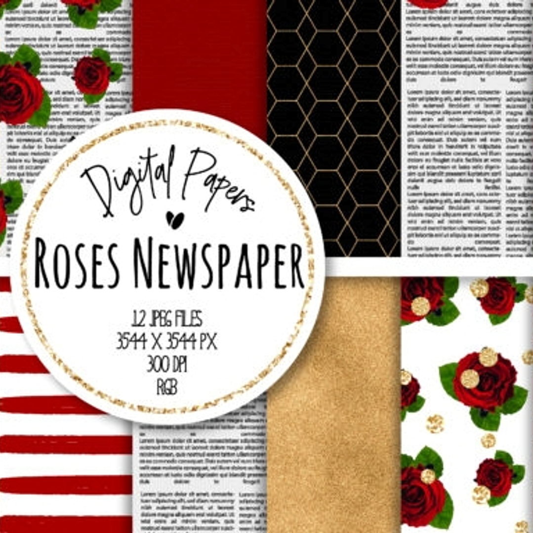 Kit Digital Papéis Jornal Rosas 1