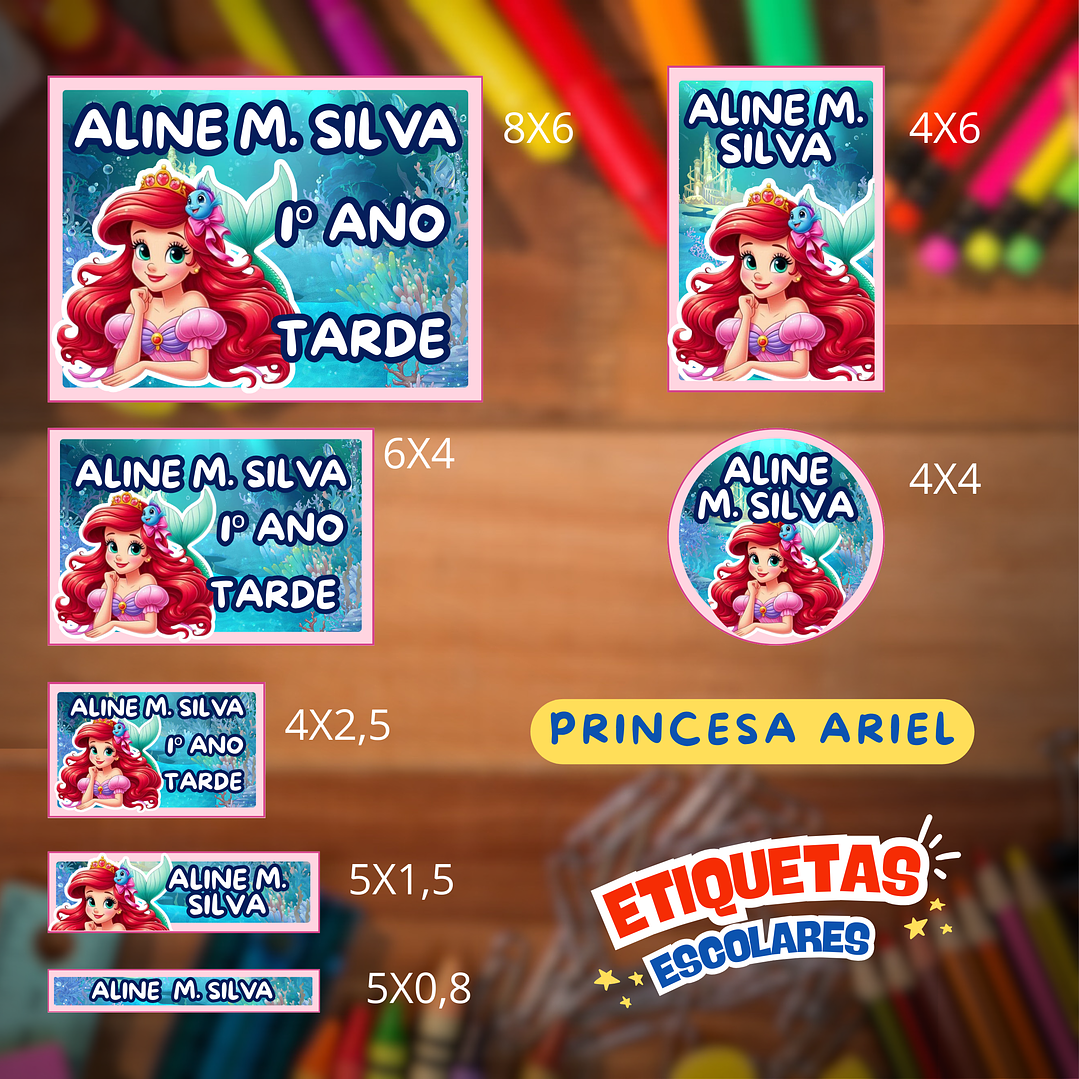 Arquivo Etiqueta Escolar Ariel Pequena Sereia  1
