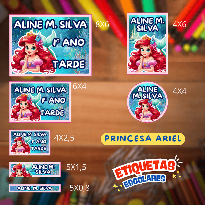 Arquivo Etiqueta Escolar Ariel Pequena Sereia  1