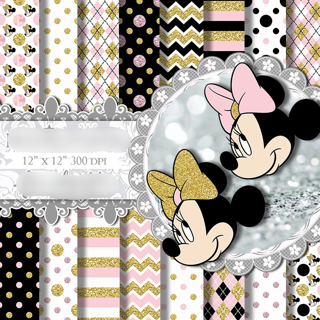 Kit Digital Papéis Minnie Mouse Ouro Rosa  1
