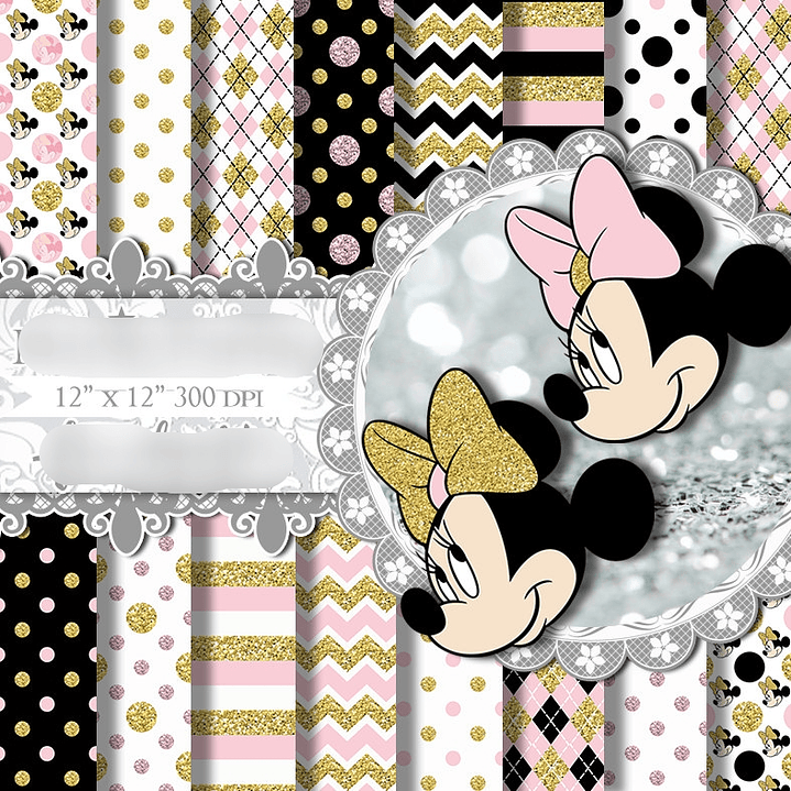 Kit Digital Papéis Minnie Mouse Ouro Rosa  1