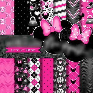 Kit Digital Papéis Minnie Mouse Preto com Rosa 
