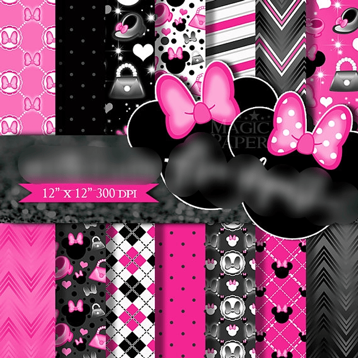 Kit Digital Papéis Minnie Mouse Preto com Rosa  1