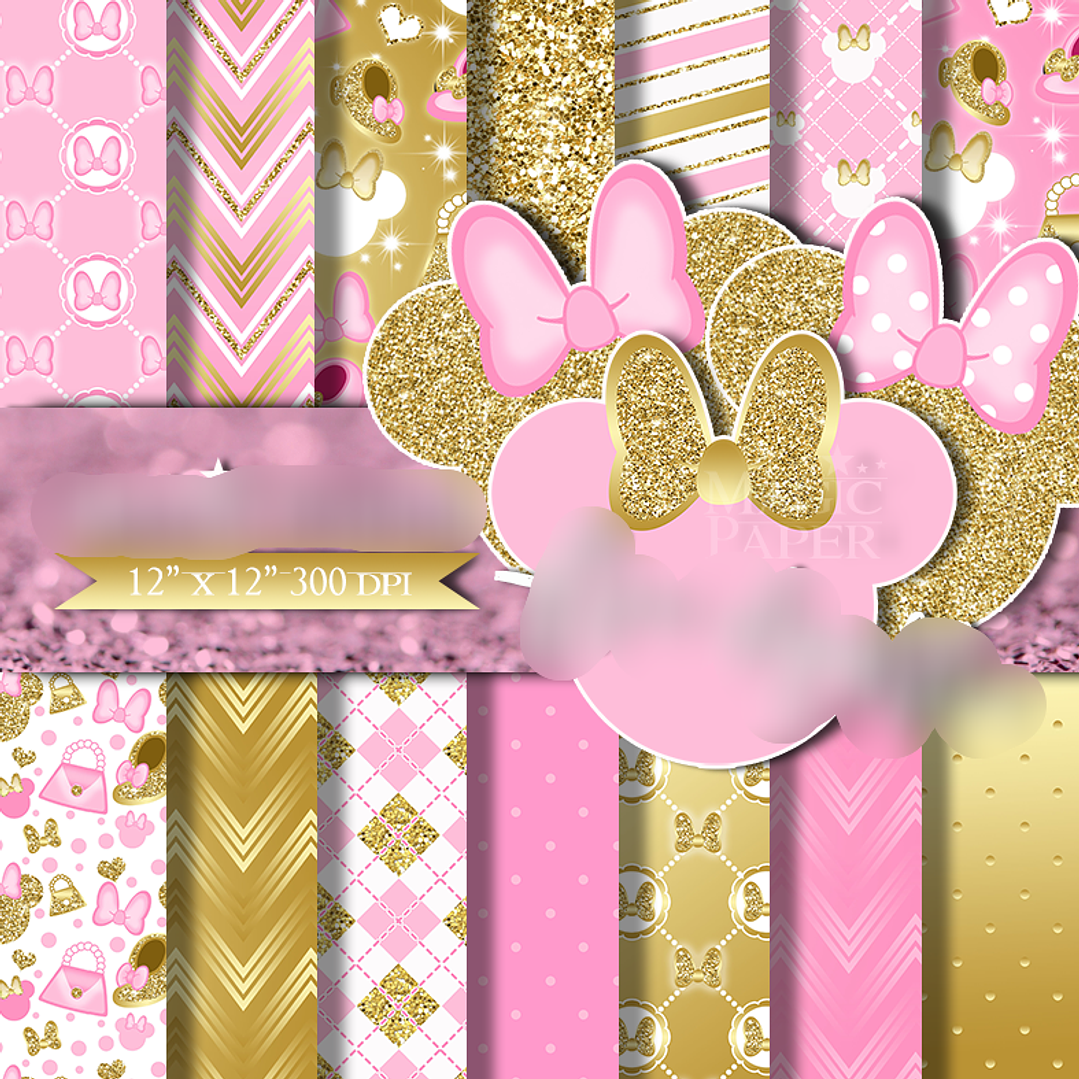 Kit Digital Papéis Minnie Mouse Ouro e Rosa  1