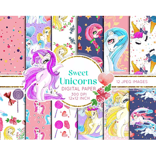Kit Digital Papéis Unicórnios 