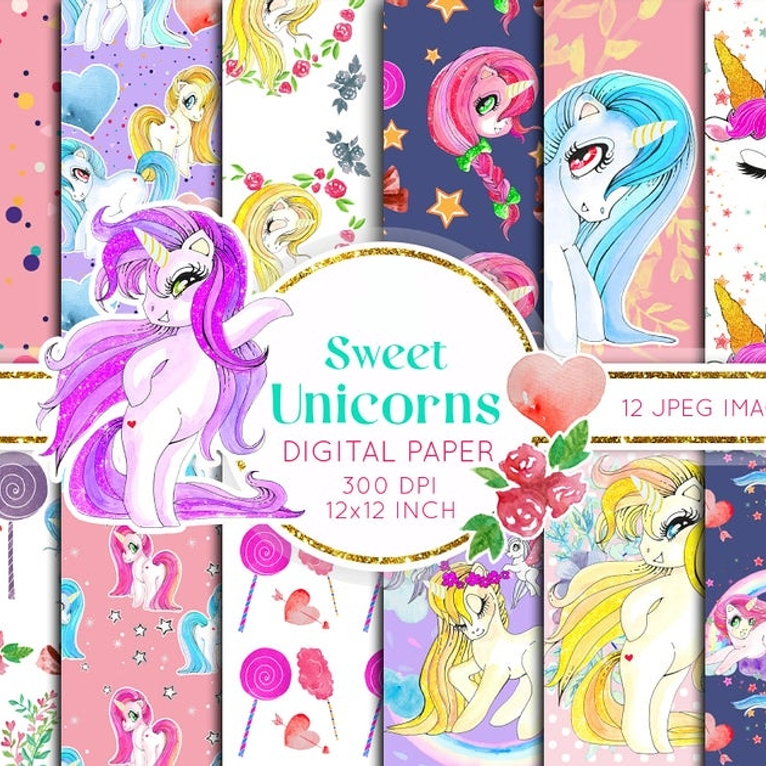 Kit Digital Papéis Unicórnios  1