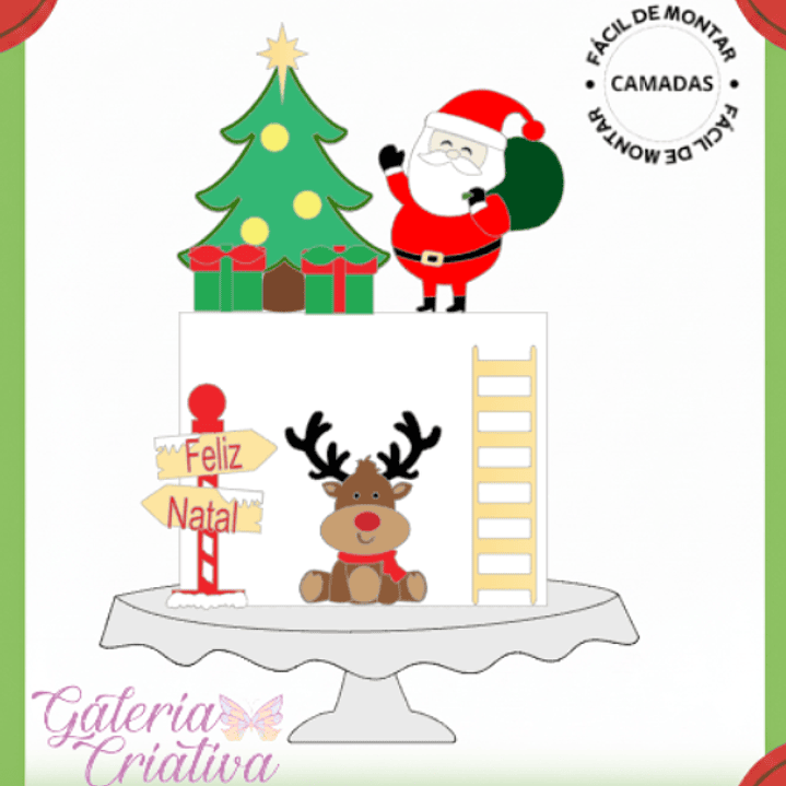 Arquivo Topo de Bolo Natal Papai Noel e Rena em Camadas  1