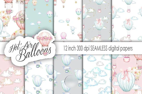 Kit Digital Papéis Balões de Ar Quente com Flores 