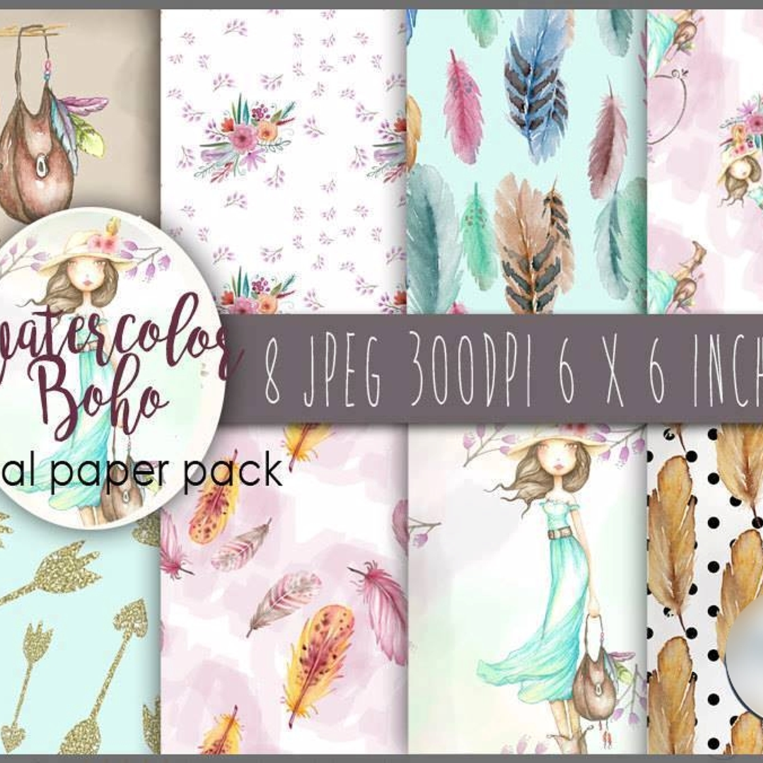 Kit Digital Papéis Boho Aquarela 1