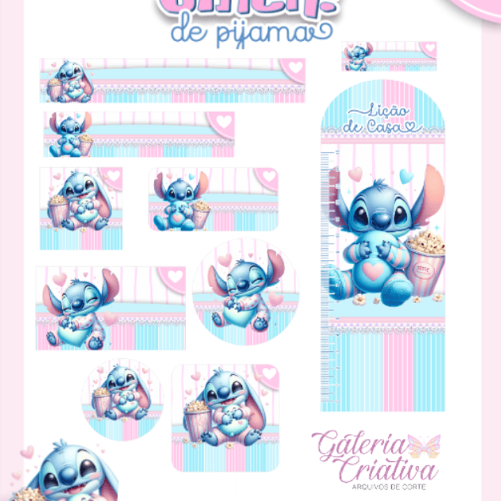 Arquivo Etiqueta Escolar Stitch de Pijama  1