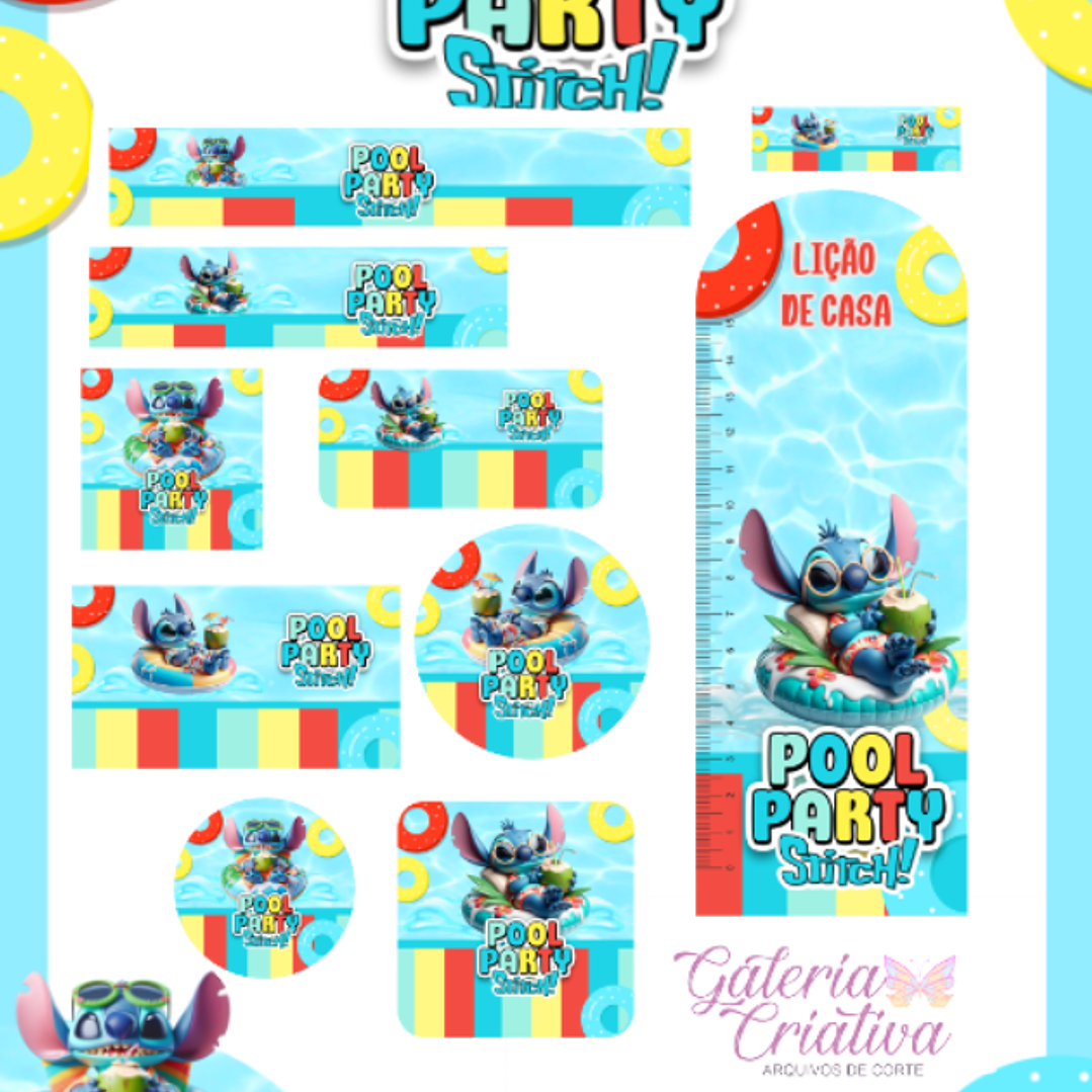 Arquivo Etiqueta Escolar Stitch Pool Party  1