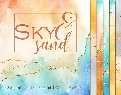 Kit Digital Papeis Aquarela Céu e Areia 