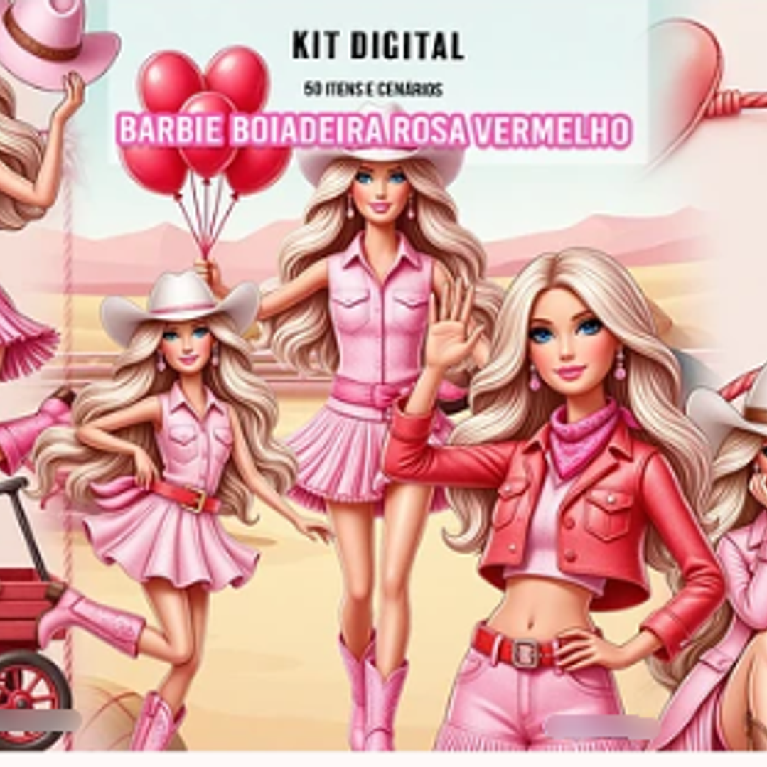 Kit Digital Barbie Boiadeira Rosa Vermelho  1