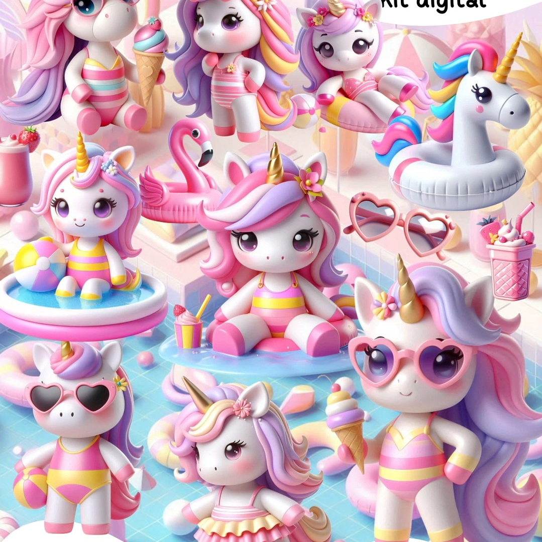 Kit Digital Unicórnio Pool Party  1