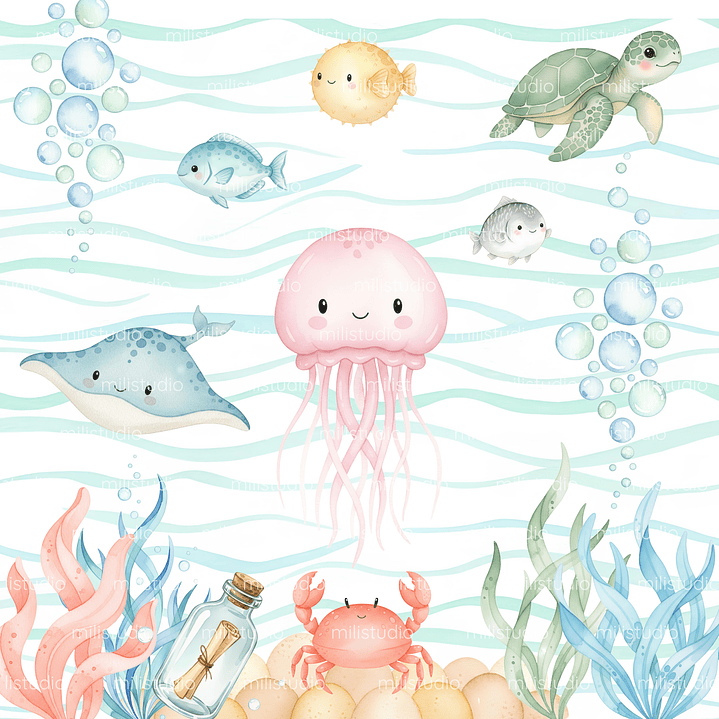 Kit Digital Fundo do Mar em Aquarela  8