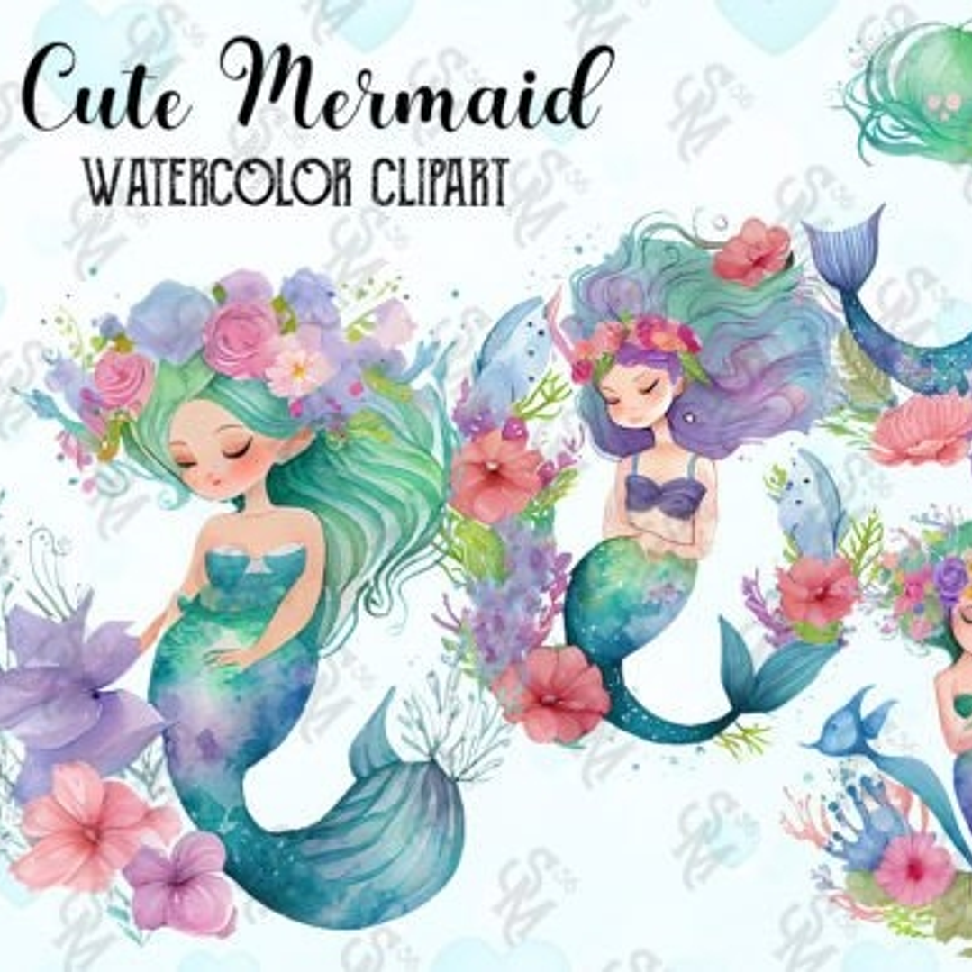 Kit Digital Sereias Fofas Aquarela  1